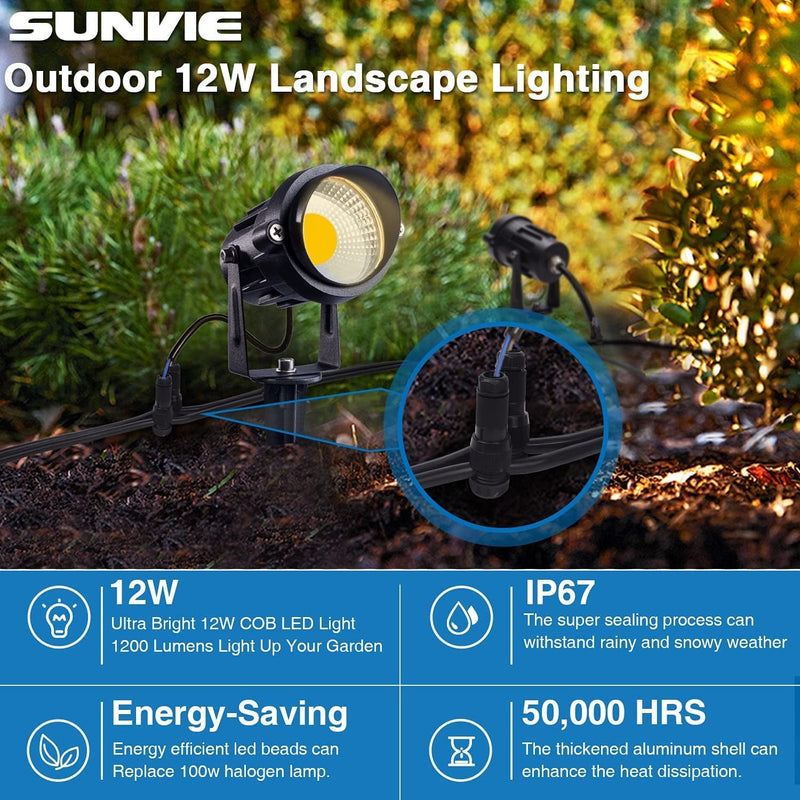 SUNVIE 12W Landscape Lighting Low Voltage Landscape Lights with Connectors Outdoor LED Landscape Lights 3000K Waterproof Tree Flag Lights Landscape Spotlights with Stand for Garden Yard Path, 16 Pack