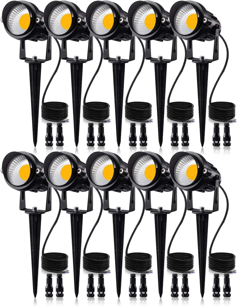 SUNVIE 12W Low Voltage LED Landscape Lights with Connectors, Outdoor 12V Super Warm White (900LM) Waterproof Garden Pathway Lights Wall Tree Flag Spotlights with Spike Stand (10 Pack with Connector)