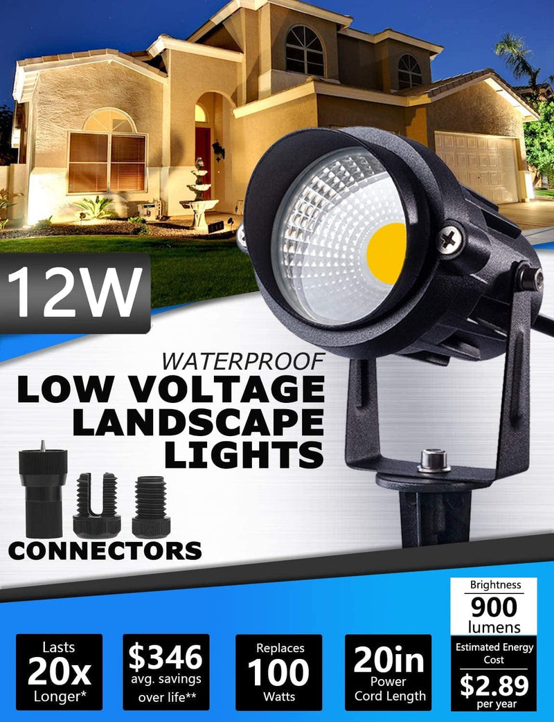 SUNVIE 12W Low Voltage LED Landscape Lights with Connectors, Outdoor 12V Super Warm White (900LM) Waterproof Garden Pathway Lights Wall Tree Flag Spotlights with Spike Stand (12 Pack with Connector)