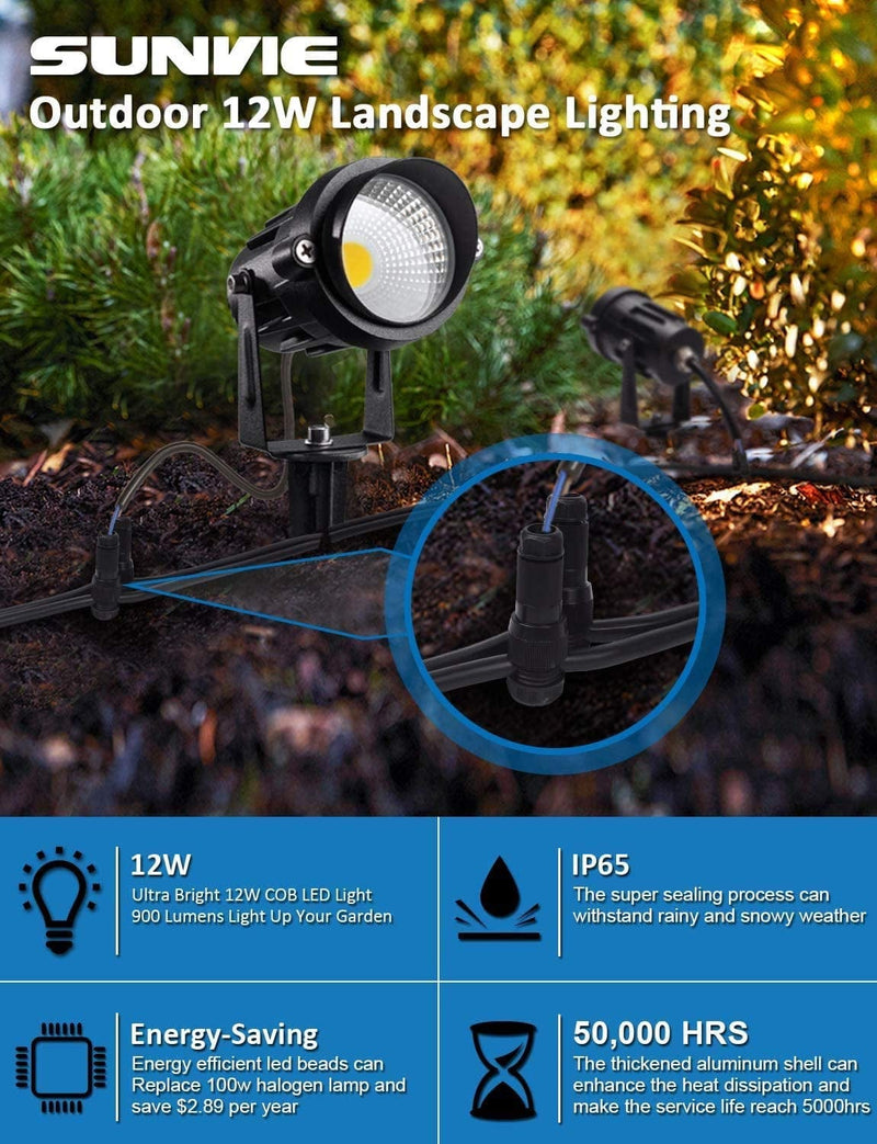 SUNVIE 12W Low Voltage LED Landscape Lights with Connectors, Outdoor 12V Super Warm White (900LM) Waterproof Garden Pathway Lights Wall Tree Flag Spotlights with Spike Stand (12 Pack with Connector) Home & Garden > Lighting > Flood & Spot Lights SUNVIE   