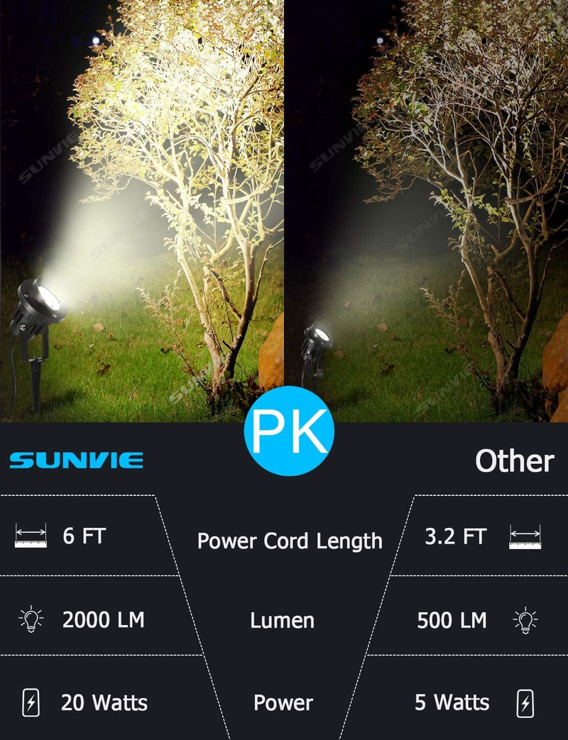 SUNVIE 20W Outdoor Spotlight LED Landscape Lighting 120V AC Waterproof Yard Spot Lights Outdoor with Stake for Tree Flag Lights 3000K Ultra Warm White Lawn Decorative Lamp with US 3-Plug in (2 Pack) Home & Garden > Lighting > Flood & Spot Lights SUNVIE   