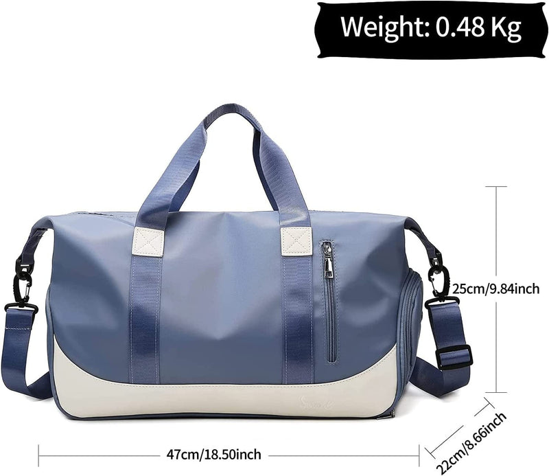 Suruid Sports Gym Bag for Women and Men Travel Duffel Bag Overnight Shoulder Bag Weekender Carry on Workout Bag Sports Tote Bag Lightweight with Shoes Compartment & Wet Pocket ((Bluish Gray))