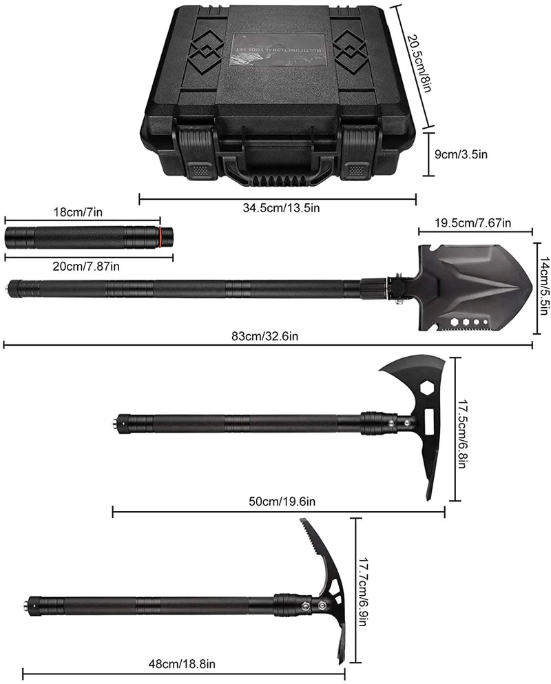 Survival Shovel Axe Set, Military Tactical Shovel Hatchet Pickaxe Flashlight Combo, Multitool Survival Gear and Equipment for Camping Hiking