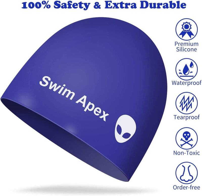 Swim Apex Silicone Kids Swim Cap for Girls Boys Teens, Durable Silicone Swimming Cap for Kids Youths Boys Girls, Baby Waterproof Caps for Long Hair and Short Hair with Alien Print (Blue) Sporting Goods > Outdoor Recreation > Boating & Water Sports > Swimming > Swim Caps Swim Apex   