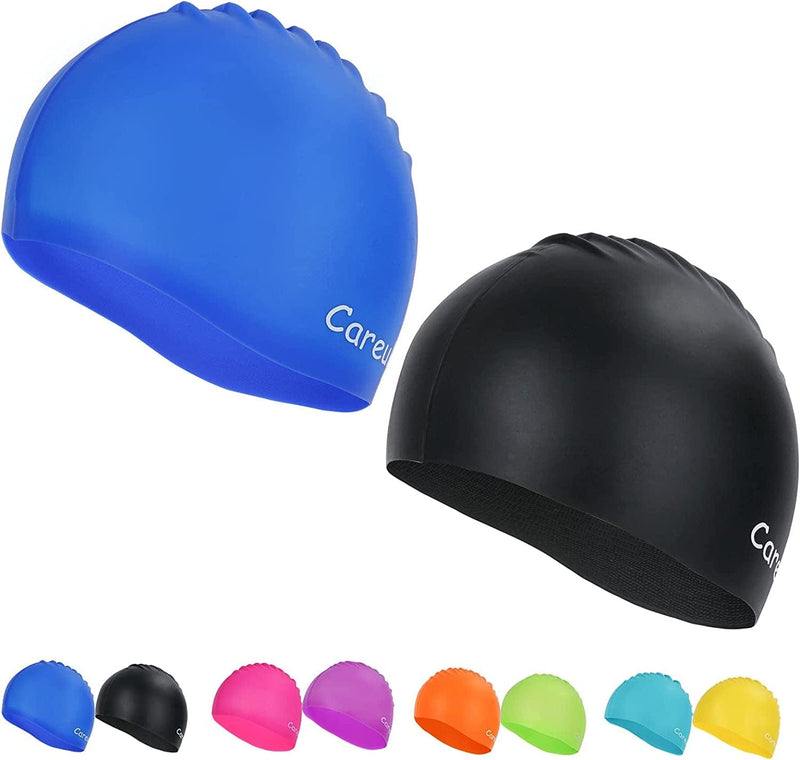 Swim Cap, 2 Pack Durable Silicone Swimming Caps for Kids Girls Boys Youths (Age 2-12), Soft 3D Ergonomic Waterproof Kids Swim Caps, Comfortable Fit for Long Hair and Short Hair Sporting Goods > Outdoor Recreation > Boating & Water Sports > Swimming > Swim Caps Careula Blue & Black Large(Age 9-12) 