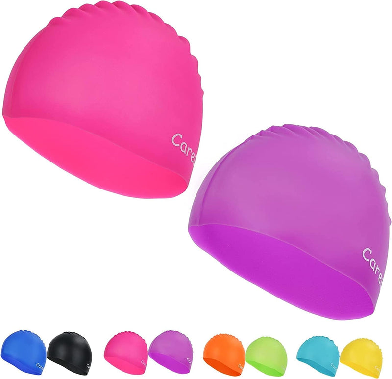 Swim Cap, 2 Pack Durable Silicone Swimming Caps for Kids Girls Boys Youths (Age 2-12), Soft 3D Ergonomic Waterproof Kids Swim Caps, Comfortable Fit for Long Hair and Short Hair Sporting Goods > Outdoor Recreation > Boating & Water Sports > Swimming > Swim Caps Careula Purple & Rose Large(Age 9-12) 