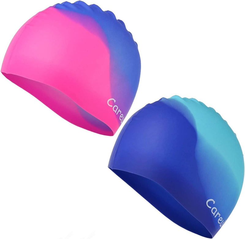 Swim Cap, 2 Pack Durable Silicone Swimming Caps for Kids Girls Boys Youths (Age 2-12), Soft 3D Ergonomic Waterproof Kids Swim Caps, Comfortable Fit for Long Hair and Short Hair Sporting Goods > Outdoor Recreation > Boating & Water Sports > Swimming > Swim Caps Careula Aqua & Royal Blue Small(Age 2-3) 