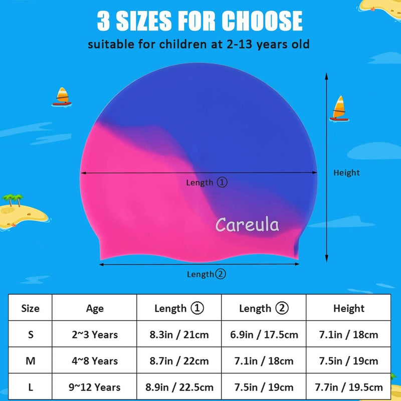 Swim Cap, 2 Pack Durable Silicone Swimming Caps for Kids Girls Boys Youths (Age 2-12), Soft 3D Ergonomic Waterproof Kids Swim Caps, Comfortable Fit for Long Hair and Short Hair Sporting Goods > Outdoor Recreation > Boating & Water Sports > Swimming > Swim Caps Careula   