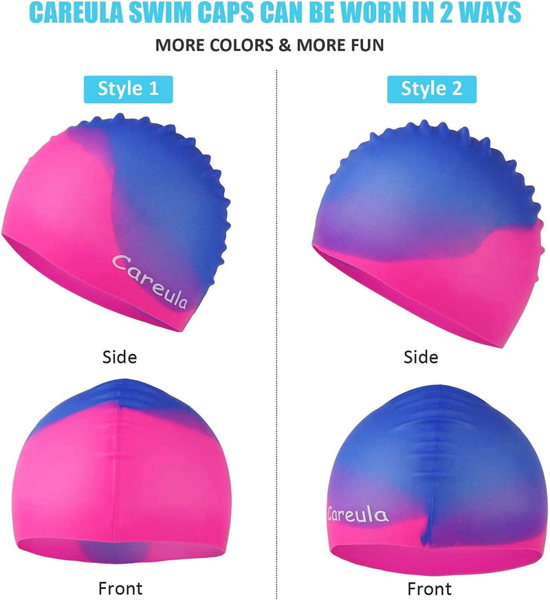 Swim Cap, 2 Pack Durable Silicone Swimming Caps for Kids Girls Boys Youths (Age 2-12), Soft 3D Ergonomic Waterproof Kids Swim Caps, Comfortable Fit for Long Hair and Short Hair Sporting Goods > Outdoor Recreation > Boating & Water Sports > Swimming > Swim Caps Careula   