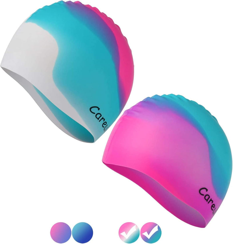 Swim Cap, 2 Pack Durable Silicone Swimming Caps for Kids Girls Boys Youths (Age 2-12), Soft 3D Ergonomic Waterproof Kids Swim Caps, Comfortable Fit for Long Hair and Short Hair Sporting Goods > Outdoor Recreation > Boating & Water Sports > Swimming > Swim Caps Careula Blue & Deep Pink Medium(Age 4-8) 