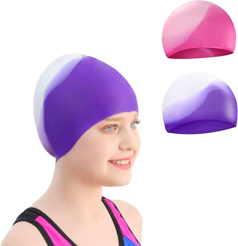 Swim Cap Kids for Girls Boys: Gioriches 2 Pack Kids Swim Cap for Age 3-12| Durable Soft Silicone Swimming Cap for Child Youth Teen | Fit for Long Hair and Short Hair Sporting Goods > Outdoor Recreation > Boating & Water Sports > Swimming > Swim Caps Gioriches Small (3-8)  