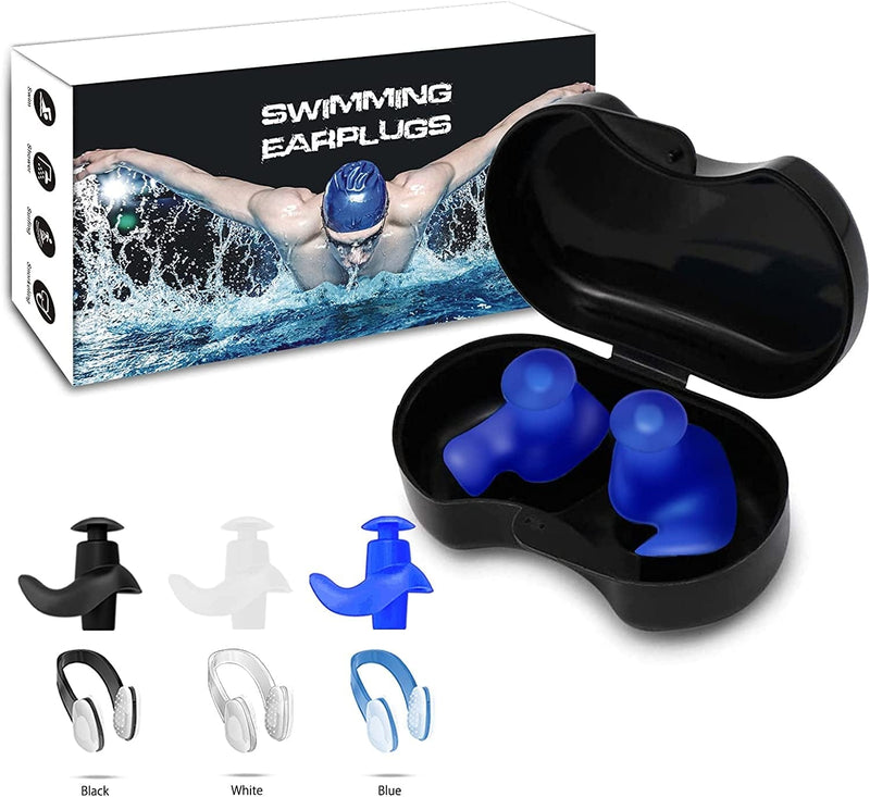 Swimming Ear Plugs 3 Pairs Professional Waterproof Reusable Silicone Earplugs for Swimming Surfing Snorkeling Showering Bathing Suitable for 14+ and Adult Sporting Goods > Outdoor Recreation > Boating & Water Sports > Swimming Asnoty With Nose Cilps for Adults&teens 14+(black White Blue)  