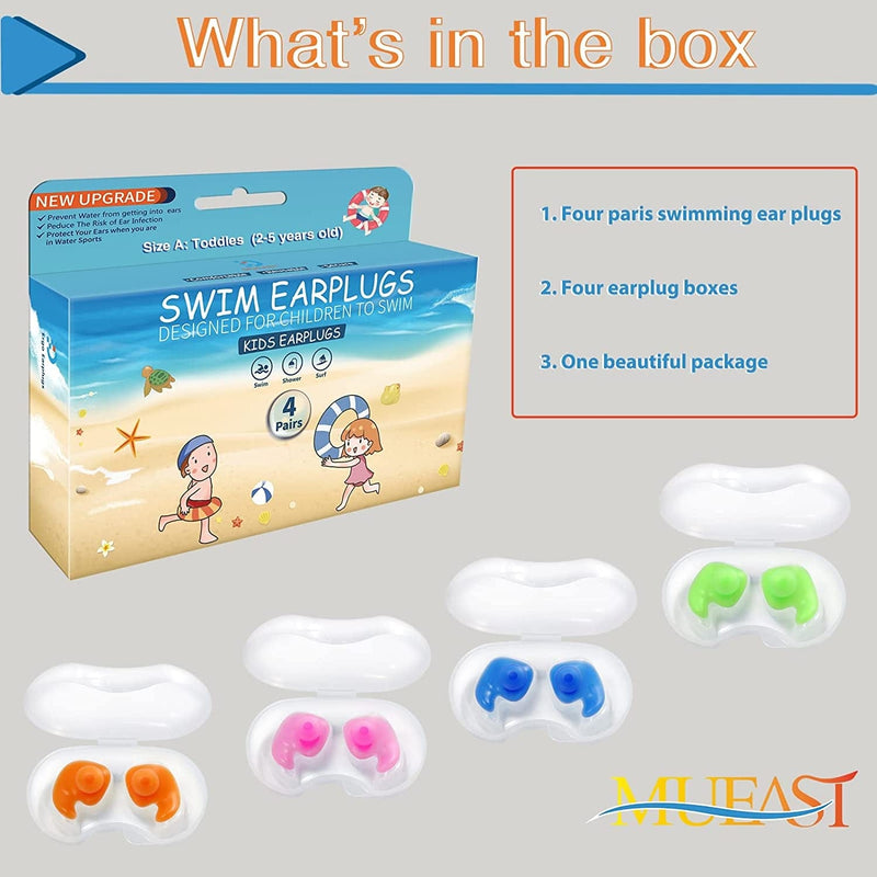 Swimming Ear Plugs for Toddles, Upgraded 4 Pairs Waterproof Reusable Silicone Ear Plugs for Kids Swimming - Size a : Toddles (2-5 Year Old) (Pink Orange Blue Green) Sporting Goods > Outdoor Recreation > Boating & Water Sports > Swimming MUEAST   