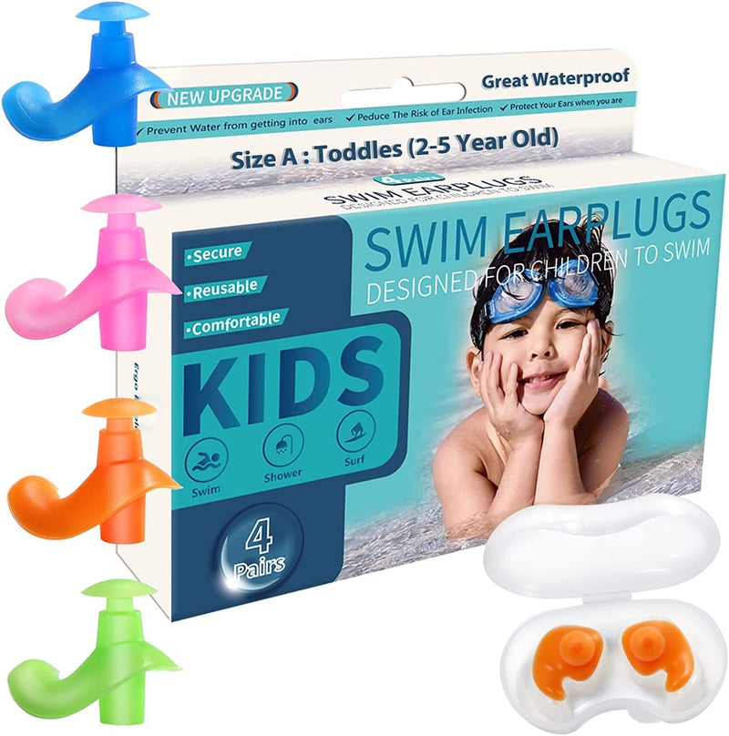 Swimming Ear Plugs for Toddles, Upgraded 4 Pairs Waterproof Reusable Silicone Ear Plugs for Kids Swimming - Size a : Toddles (2-5 Year Old) (Pink Orange Blue Green) Sporting Goods > Outdoor Recreation > Boating & Water Sports > Swimming MUEAST Size a : Toddles (2-5 Year Old) (Blue Pink Orange Green)  