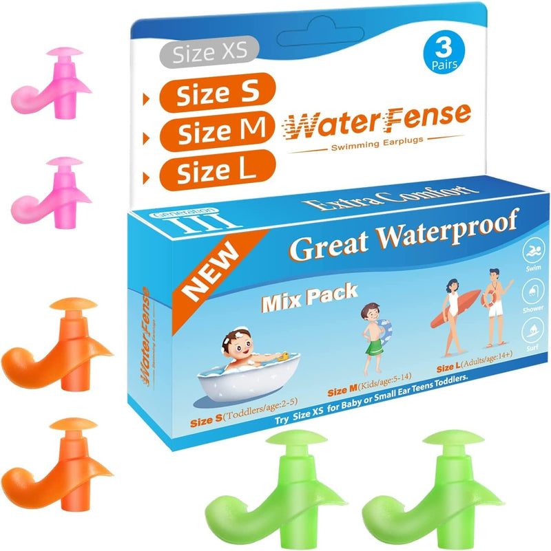 Swimming Ear Plugs, Waterfense Great Waterproof Ear Plugs for Swimming - 3 Pairs Comfortable Soft Silicone Swimmers Ear Plugs Sporting Goods > Outdoor Recreation > Boating & Water Sports > Swimming WaterFense Size S+m+l: S(2-5yr) & M(5-14yr) & L(over 14yr) (Blue Orange Pink)  