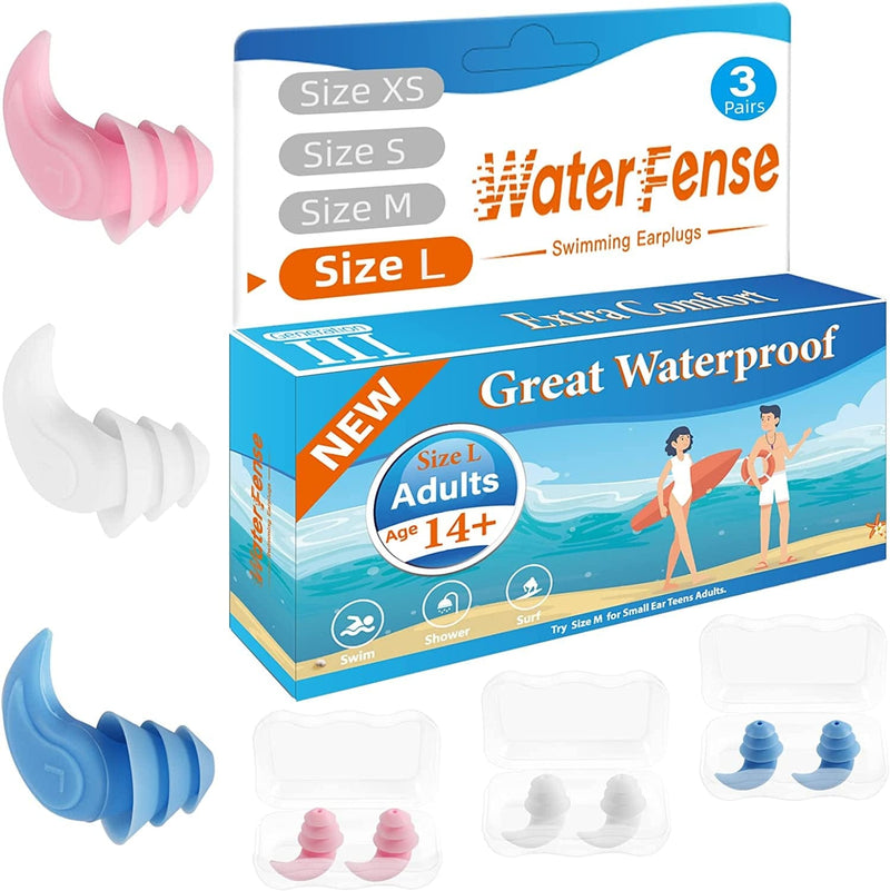 Swimming Ear Plugs, Waterfense Great Waterproof Ear Plugs for Swimming - 3 Pairs Comfortable Soft Silicone Swimmers Ear Plugs Sporting Goods > Outdoor Recreation > Boating & Water Sports > Swimming WaterFense Size L: Adults(over 14years Old) (Blue White Pink)  