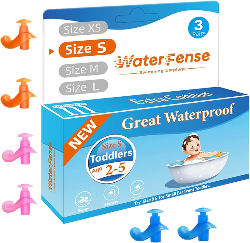 Swimming Ear Plugs, Waterfense Great Waterproof Ear Plugs for Swimming - 3 Pairs Comfortable Soft Silicone Swimmers Ear Plugs Sporting Goods > Outdoor Recreation > Boating & Water Sports > Swimming WaterFense Size S: Toddles 2-5years Old & Small Ear Teens Kids (Blue Orange Pink)  