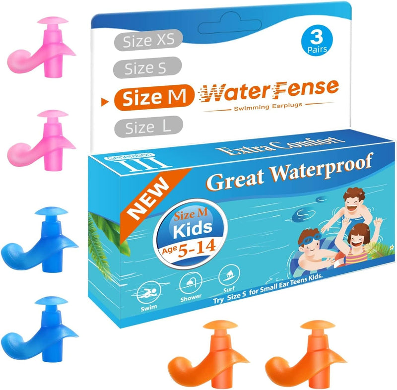 Swimming Ear Plugs, Waterfense Great Waterproof Ear Plugs for Swimming - 3 Pairs Comfortable Soft Silicone Swimmers Ear Plugs Sporting Goods > Outdoor Recreation > Boating & Water Sports > Swimming WaterFense Size M: Kids 5-14years Old & Small Ear Teens Adults (Blue Orange Pink)  