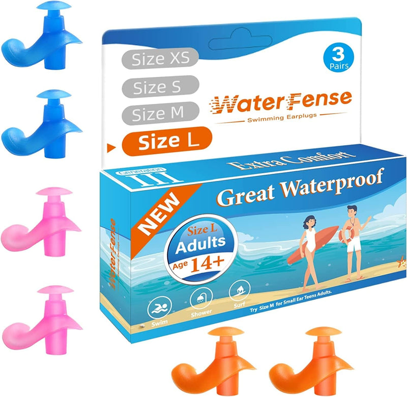 Swimming Ear Plugs, Waterfense Great Waterproof Ear Plugs for Swimming - 3 Pairs Comfortable Soft Silicone Swimmers Ear Plugs Sporting Goods > Outdoor Recreation > Boating & Water Sports > Swimming WaterFense Size L: Adults(over 14years Old) (Blue Orange Pink)  