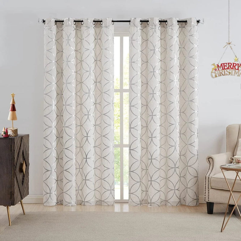 SXZJTEX Christmas Linen Window Curtains Panels Silver Foil Print Geometric Pattern Window Treatments for Bedroom Living Room, Light Reducing Grommet Top Drapes, 2 Panels, 55" Wx84 L, Silver Home & Garden > Decor > Window Treatments > Curtains & Drapes SXZJTEX Silver 55"x84"x2 