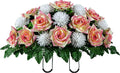 Sympathy Silks Artificial Cemetery Flowers - Realistic - Outdoor Grave Decorations - Non-Bleed Colors, and Easy Fit - Cream Pink Open Rose with White Mum Saddle for Headstone Home & Garden > Decor > Seasonal & Holiday Decorations Ruby's Silk Flowers Cream Pink  