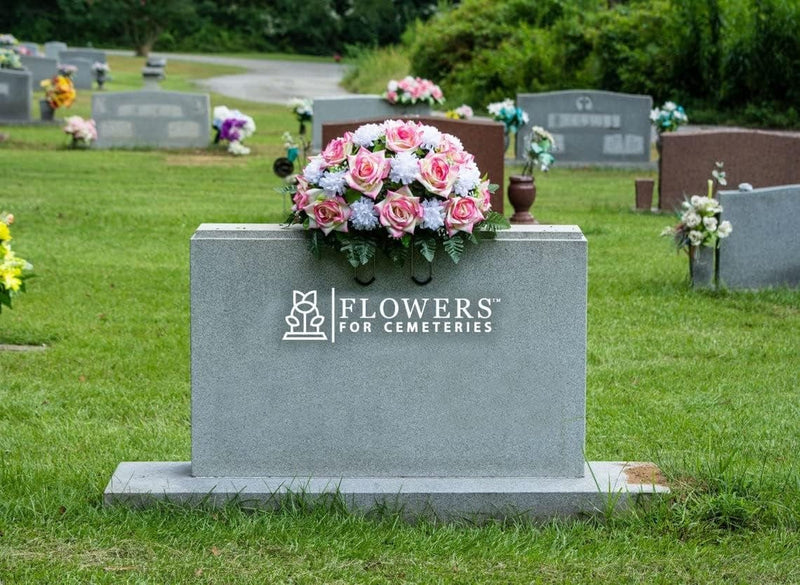 Sympathy Silks Artificial Cemetery Flowers - Realistic - Outdoor Grave Decorations - Non-Bleed Colors, and Easy Fit - Cream Pink Open Rose with White Mum Saddle for Headstone Home & Garden > Decor > Seasonal & Holiday Decorations Ruby's Silk Flowers   