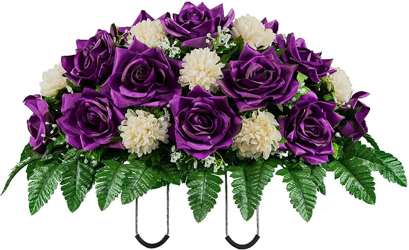 Sympathy Silks Artificial Cemetery Flowers - Realistic - Outdoor Grave Decorations - Non-Bleed Colors, and Easy Fit - Cream Pink Open Rose with White Mum Saddle for Headstone Home & Garden > Decor > Seasonal & Holiday Decorations Ruby's Silk Flowers Purple & Peach  
