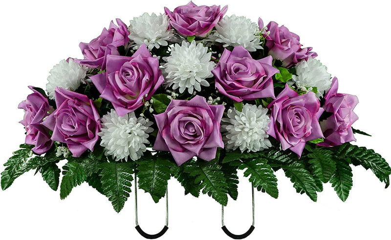 Sympathy Silks Artificial Cemetery Flowers - Realistic - Outdoor Grave Decorations - Non-Bleed Colors, and Easy Fit - Cream Pink Open Rose with White Mum Saddle for Headstone Home & Garden > Decor > Seasonal & Holiday Decorations Ruby's Silk Flowers Lavender & White  