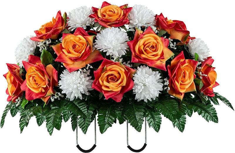 Sympathy Silks Artificial Cemetery Flowers - Realistic - Outdoor Grave Decorations - Non-Bleed Colors, and Easy Fit - Cream Pink Open Rose with White Mum Saddle for Headstone Home & Garden > Decor > Seasonal & Holiday Decorations Ruby's Silk Flowers Sunset & White  