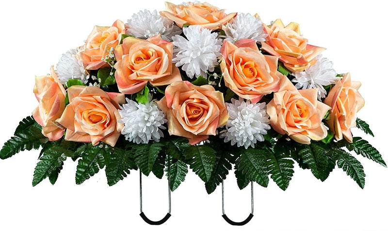 Sympathy Silks Artificial Cemetery Flowers - Realistic - Outdoor Grave Decorations - Non-Bleed Colors, and Easy Fit - Cream Pink Open Rose with White Mum Saddle for Headstone Home & Garden > Decor > Seasonal & Holiday Decorations Ruby's Silk Flowers Peach  