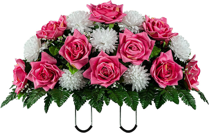 Sympathy Silks Artificial Cemetery Flowers - Realistic - Outdoor Grave Decorations - Non-Bleed Colors, and Easy Fit - Cream Pink Open Rose with White Mum Saddle for Headstone Home & Garden > Decor > Seasonal & Holiday Decorations Ruby's Silk Flowers Beauty & White  
