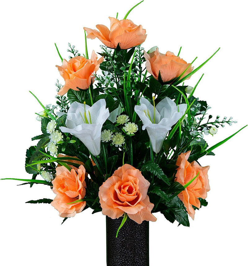 Sympathy Silks Artificial Cemetery Flowers – Realistic- Outdoor Grave Decorations - Non-Bleed Colors, and Easy Fit - Lavender Amaryllis & Purple Rose Saddle for Headstone Home & Garden > Decor > Seasonal & Holiday Decorations Rubys Silk Flowers Peach Bouquet 