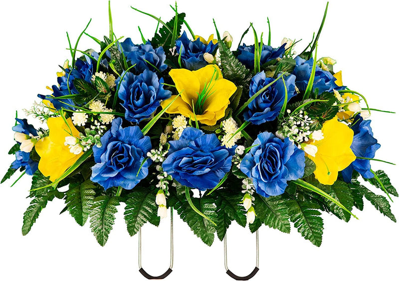 Sympathy Silks Artificial Cemetery Flowers – Realistic- Outdoor Grave Decorations - Non-Bleed Colors, and Easy Fit - Lavender Amaryllis & Purple Rose Saddle for Headstone Home & Garden > Decor > Seasonal & Holiday Decorations Rubys Silk Flowers Blue Yellow Saddle 