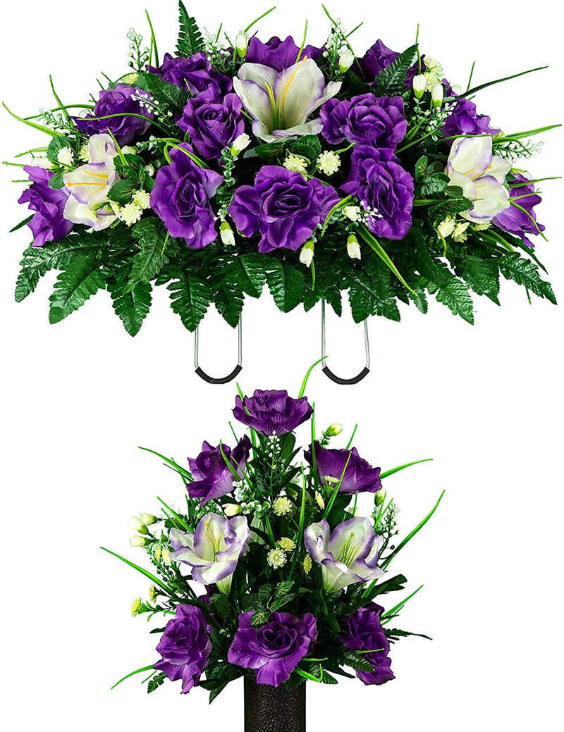 Sympathy Silks Artificial Cemetery Flowers – Realistic- Outdoor Grave Decorations - Non-Bleed Colors, and Easy Fit - Lavender Amaryllis & Purple Rose Saddle for Headstone Home & Garden > Decor > Seasonal & Holiday Decorations Rubys Silk Flowers Lavender Bouquet and Saddle 