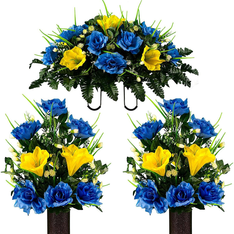 Sympathy Silks Artificial Cemetery Flowers – Realistic- Outdoor Grave Decorations - Non-Bleed Colors, and Easy Fit - Lavender Amaryllis & Purple Rose Saddle for Headstone Home & Garden > Decor > Seasonal & Holiday Decorations Rubys Silk Flowers Blue Yellow 2 Bouquets & Saddle 