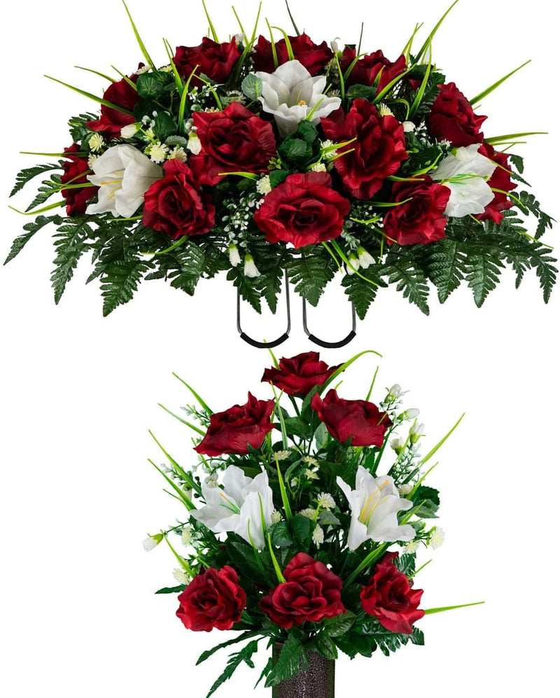 Sympathy Silks Artificial Cemetery Flowers – Realistic- Outdoor Grave Decorations - Non-Bleed Colors, and Easy Fit - Lavender Amaryllis & Purple Rose Saddle for Headstone Home & Garden > Decor > Seasonal & Holiday Decorations Rubys Silk Flowers Red Bouquet and Saddle 