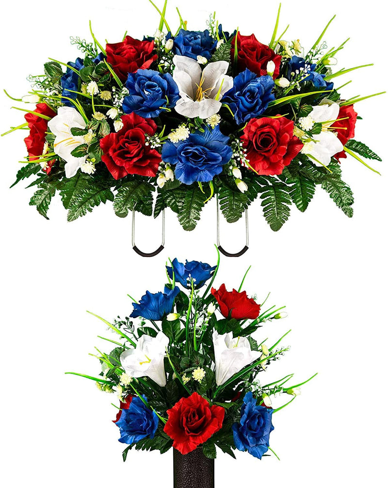 Sympathy Silks Artificial Cemetery Flowers – Realistic- Outdoor Grave Decorations - Non-Bleed Colors, and Easy Fit - Lavender Amaryllis & Purple Rose Saddle for Headstone Home & Garden > Decor > Seasonal & Holiday Decorations Rubys Silk Flowers Red White Blue Bouquet and Saddle 