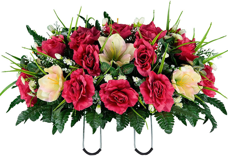 Sympathy Silks Artificial Cemetery Flowers – Realistic- Outdoor Grave Decorations - Non-Bleed Colors, and Easy Fit - Lavender Amaryllis & Purple Rose Saddle for Headstone Home & Garden > Decor > Seasonal & Holiday Decorations Rubys Silk Flowers Beauty Saddle 