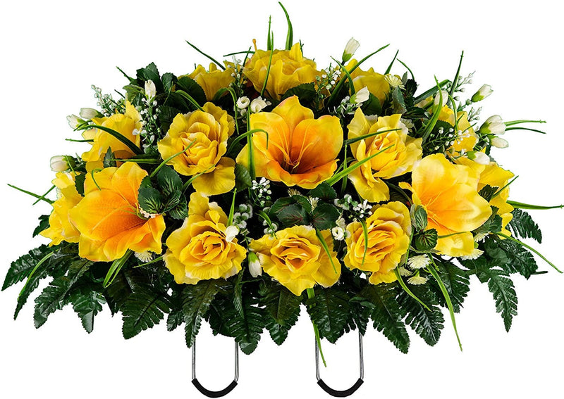 Sympathy Silks Artificial Cemetery Flowers – Realistic- Outdoor Grave Decorations - Non-Bleed Colors, and Easy Fit - Lavender Amaryllis & Purple Rose Saddle for Headstone Home & Garden > Decor > Seasonal & Holiday Decorations Rubys Silk Flowers Yellow Saddle 