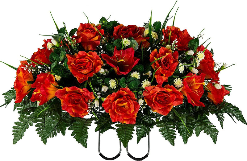 Sympathy Silks Artificial Cemetery Flowers – Realistic- Outdoor Grave Decorations - Non-Bleed Colors, and Easy Fit - Lavender Amaryllis & Purple Rose Saddle for Headstone Home & Garden > Decor > Seasonal & Holiday Decorations Rubys Silk Flowers Fire Orange Saddle 