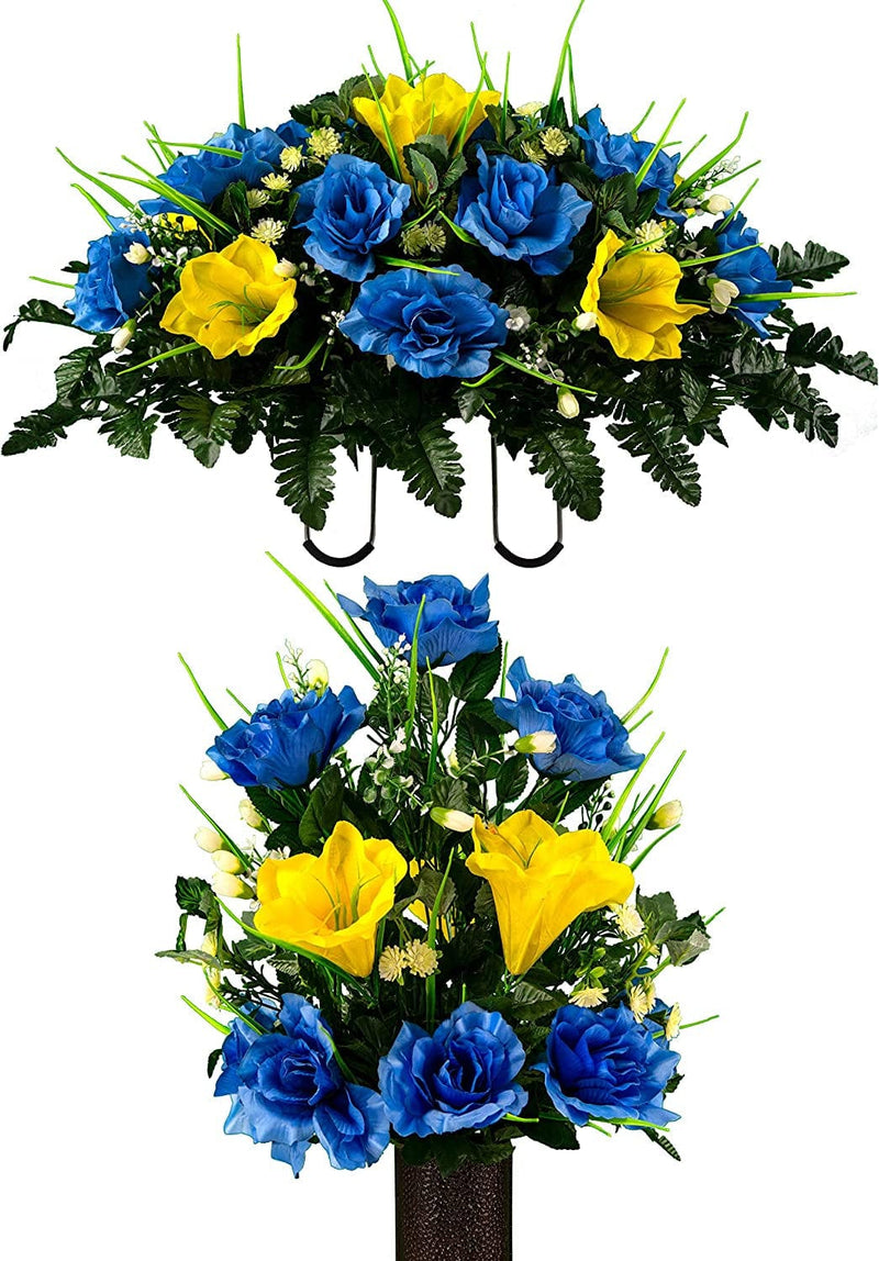 Sympathy Silks Artificial Cemetery Flowers – Realistic- Outdoor Grave Decorations - Non-Bleed Colors, and Easy Fit - Lavender Amaryllis & Purple Rose Saddle for Headstone Home & Garden > Decor > Seasonal & Holiday Decorations Rubys Silk Flowers Blue Yellow Bouquet and Saddle 