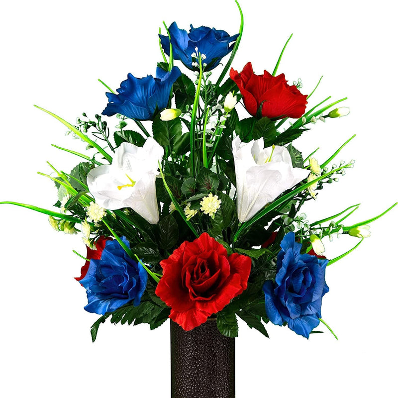 Sympathy Silks Artificial Cemetery Flowers – Realistic- Outdoor Grave Decorations - Non-Bleed Colors, and Easy Fit - Lavender Amaryllis & Purple Rose Saddle for Headstone Home & Garden > Decor > Seasonal & Holiday Decorations Rubys Silk Flowers Red White Blue Bouquet 