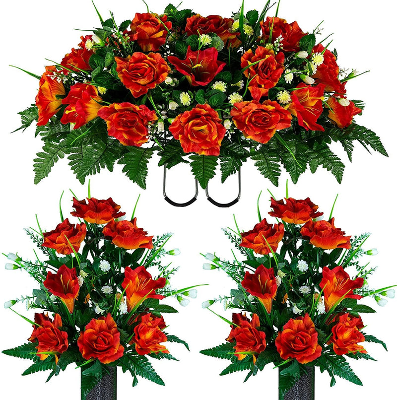 Sympathy Silks Artificial Cemetery Flowers – Realistic- Outdoor Grave Decorations - Non-Bleed Colors, and Easy Fit - Lavender Amaryllis & Purple Rose Saddle for Headstone Home & Garden > Decor > Seasonal & Holiday Decorations Rubys Silk Flowers Fire Orange 2 Bouquets & Saddle 