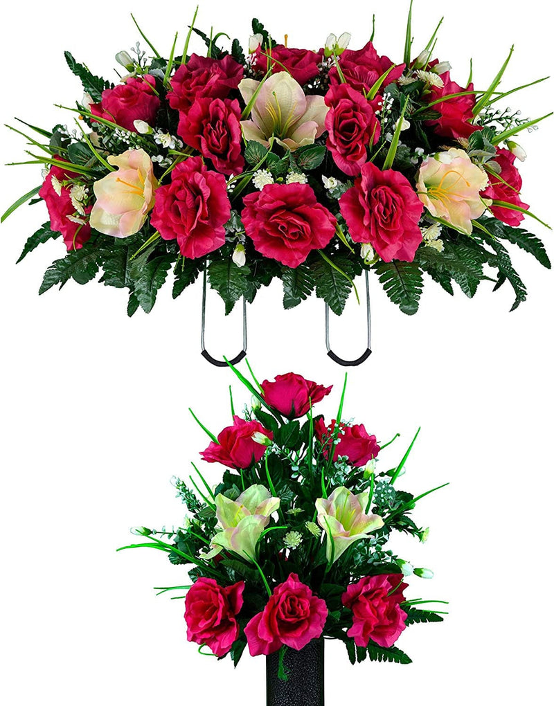 Sympathy Silks Artificial Cemetery Flowers – Realistic- Outdoor Grave Decorations - Non-Bleed Colors, and Easy Fit - Lavender Amaryllis & Purple Rose Saddle for Headstone Home & Garden > Decor > Seasonal & Holiday Decorations Rubys Silk Flowers Beauty Bouquet and Saddle 