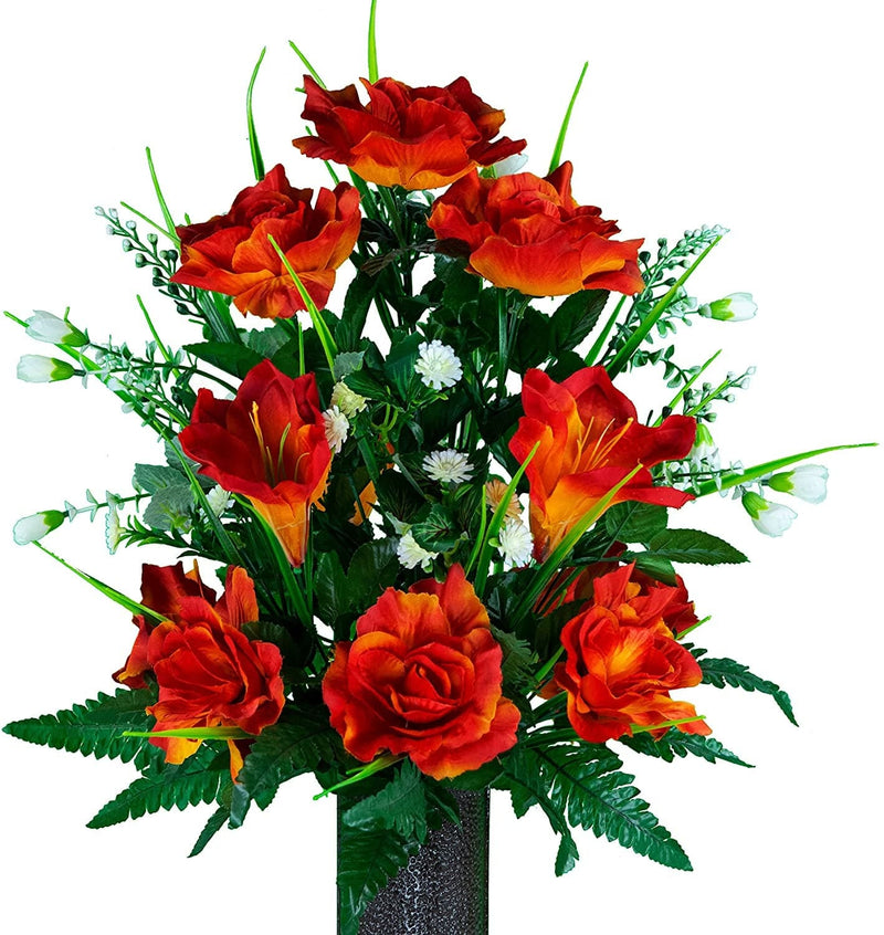 Sympathy Silks Artificial Cemetery Flowers – Realistic- Outdoor Grave Decorations - Non-Bleed Colors, and Easy Fit - Lavender Amaryllis & Purple Rose Saddle for Headstone Home & Garden > Decor > Seasonal & Holiday Decorations Rubys Silk Flowers Fire Orange Bouquet 