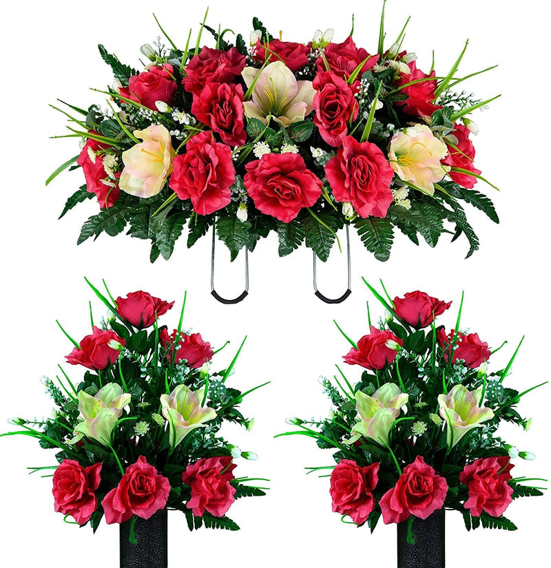 Sympathy Silks Artificial Cemetery Flowers – Realistic- Outdoor Grave Decorations - Non-Bleed Colors, and Easy Fit - Lavender Amaryllis & Purple Rose Saddle for Headstone Home & Garden > Decor > Seasonal & Holiday Decorations Rubys Silk Flowers Beauty 2 Bouquets & Saddle 