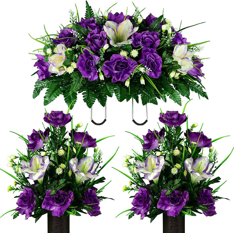 Sympathy Silks Artificial Cemetery Flowers – Realistic- Outdoor Grave Decorations - Non-Bleed Colors, and Easy Fit - Lavender Amaryllis & Purple Rose Saddle for Headstone Home & Garden > Decor > Seasonal & Holiday Decorations Rubys Silk Flowers Lavender 2 Bouquets & Saddle 