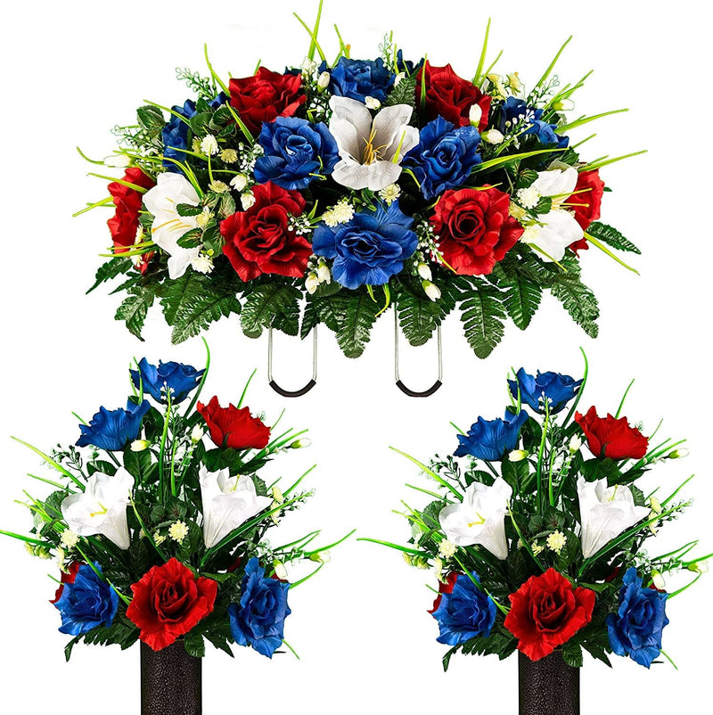 Sympathy Silks Artificial Cemetery Flowers – Realistic- Outdoor Grave Decorations - Non-Bleed Colors, and Easy Fit - Lavender Amaryllis & Purple Rose Saddle for Headstone Home & Garden > Decor > Seasonal & Holiday Decorations Rubys Silk Flowers Red White Blue 2 Bouquets & Saddle 