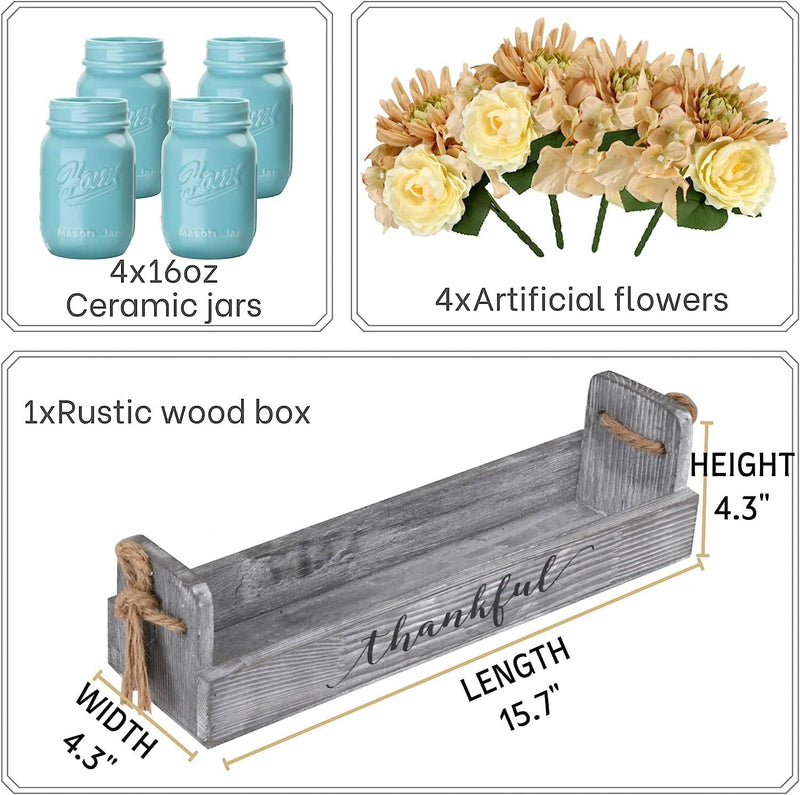 Table Centerpieces for Kitchen,Besuerte Dining Table Wood Floral Modern Decorations Centerpieces for New Home Gift,Wedding Party,4-Blue Ceramic Jars Home & Garden > Decor > Seasonal & Holiday Decorations BING DECOR   
