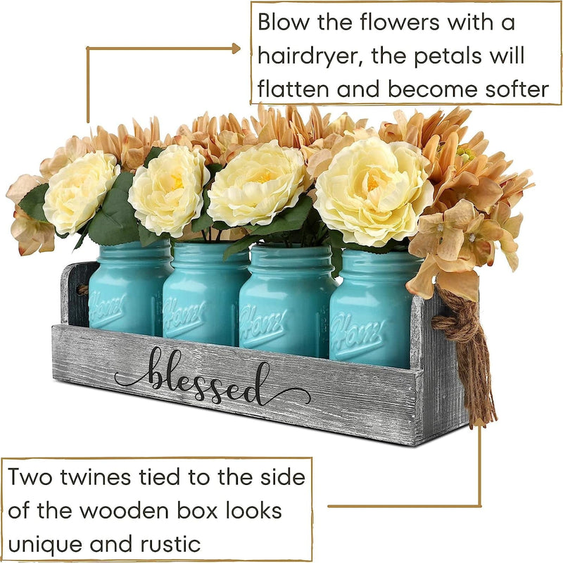 Table Centerpieces for Kitchen,Besuerte Dining Table Wood Floral Modern Decorations Centerpieces for New Home Gift,Wedding Party,4-Blue Ceramic Jars Home & Garden > Decor > Seasonal & Holiday Decorations BING DECOR   